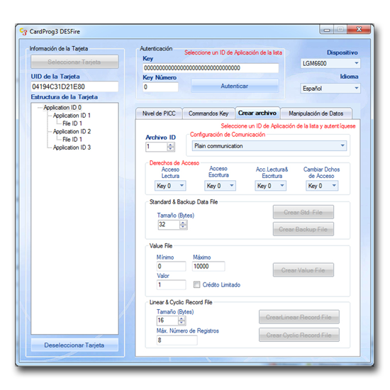 Crear un archivo en una tarjeta DESFire Ⓡ