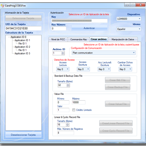 Crear un archivo en una tarjeta DESFire Ⓡ